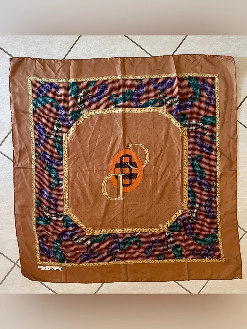 Dior Brown Orange Purple Teal Paisley Logo Silk Scarf